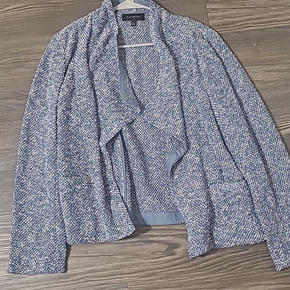 Talbots Open Cardigan Sweater Women's Size L Blue Cotton Long Sleeves Pockets